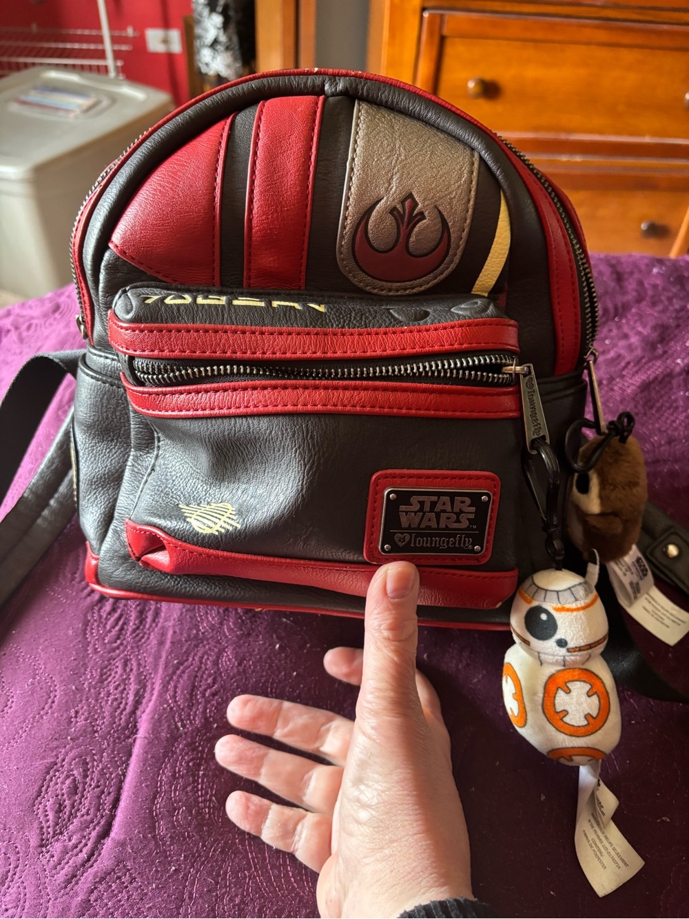 Loungefly Star Wars Red, Brown & Gold Mini Backpack with BB-8 Charm